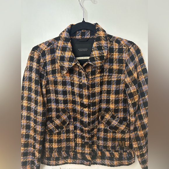 SCOTCH & SODA TWEED BOXY CHECKERED BUCLE BLACK AND ORANGE JACKET - Picture 2 of 11